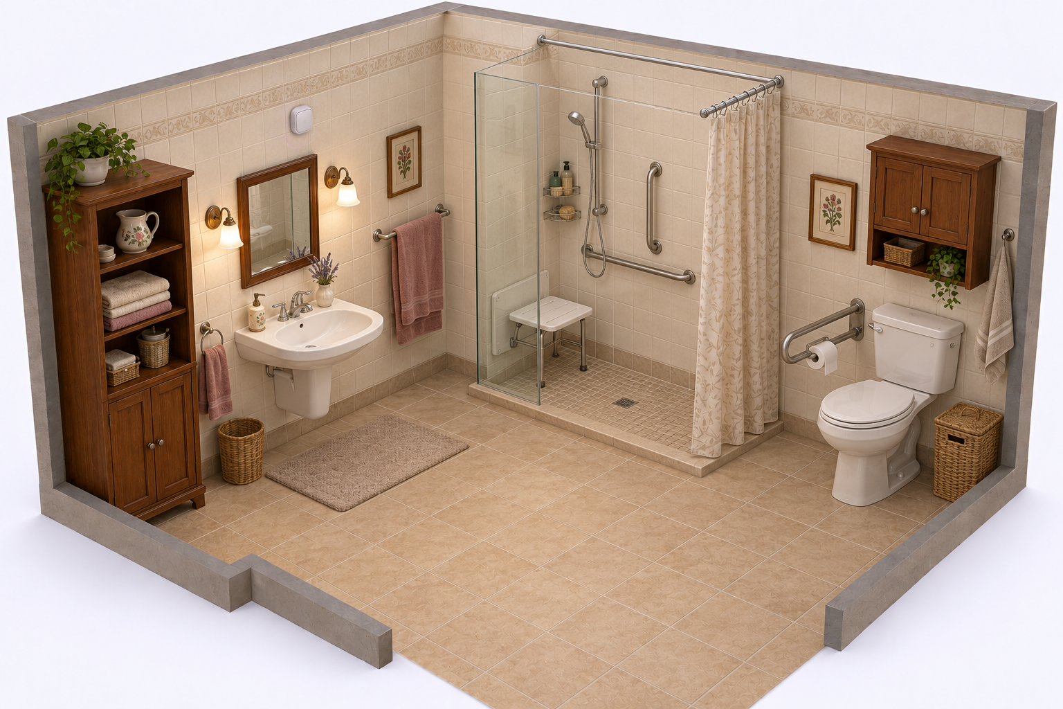 Baño adaptado para mayores, con ducha con asiento, barras de apoyo y un sensor de radar en la pared.