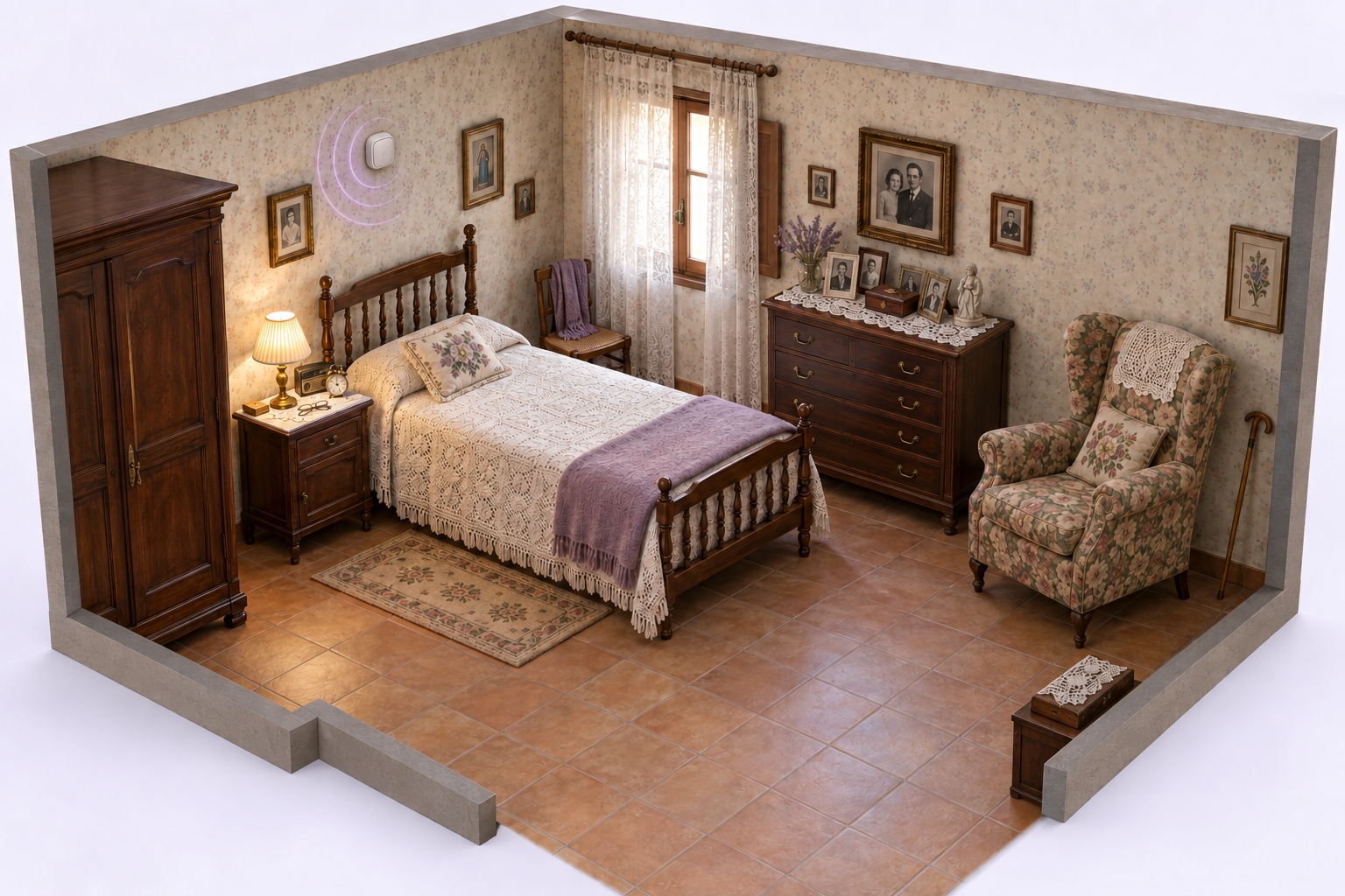 Habitación tradicional de una persona mayor, con muebles antiguos de nogal, colcha de ganchillo, sillón estampado, fotos familiares y un sensor de radar en la pared.